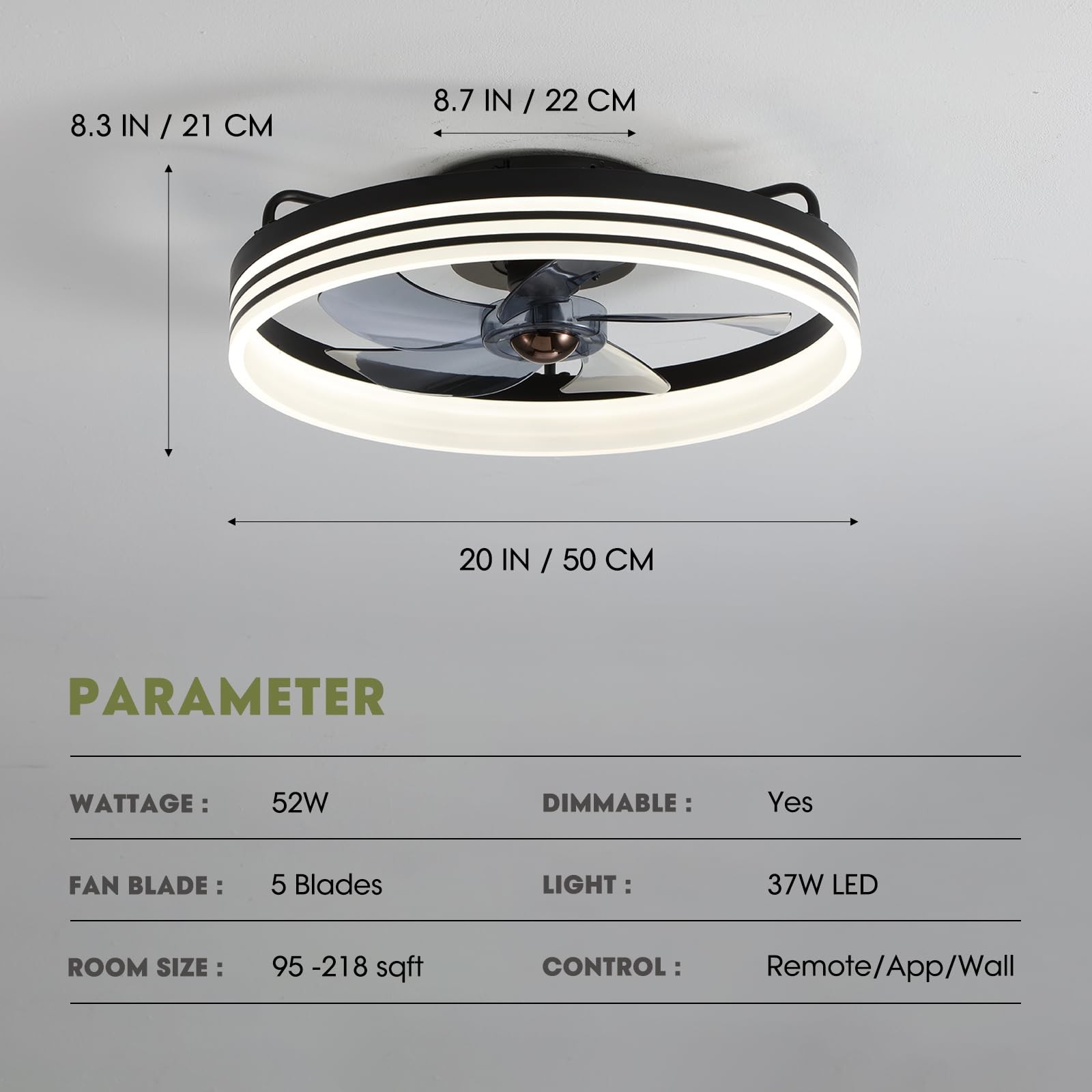 Ceiling Fan with Light, Flush Mounted Ceiling Fan with Lights, 6 Wind Speeds ...