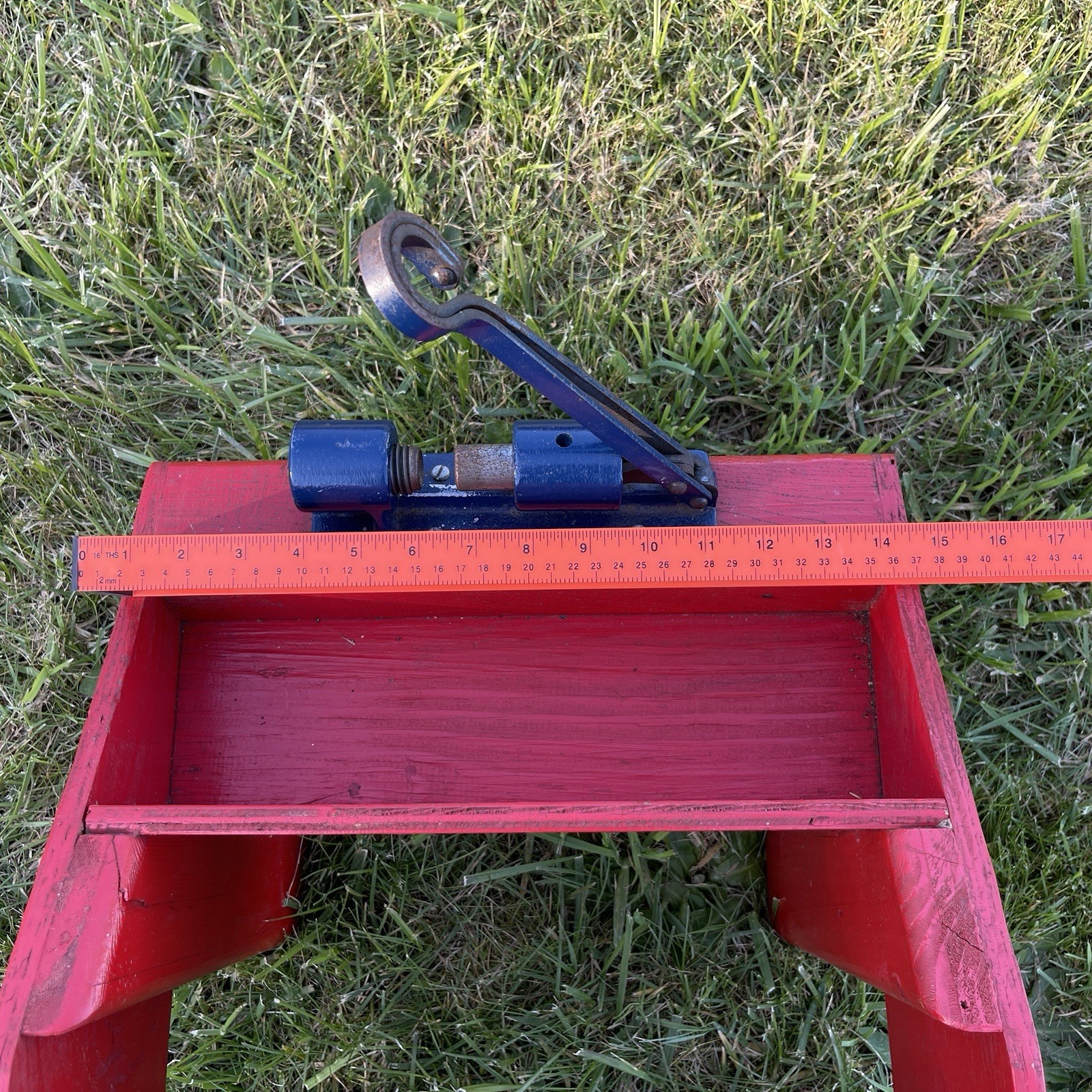 Vintage Red Wood Bench w/ Walnut Nut Cracker Attachment