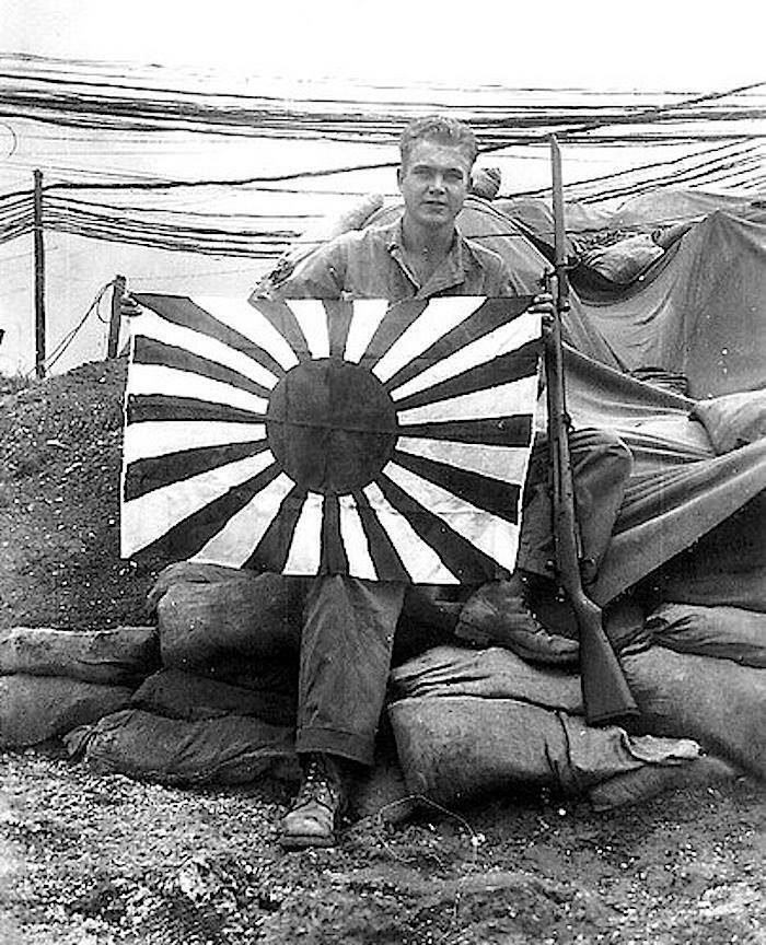 WWII B&W Photo US Marine Okinawa Flag  WW2  World War Two USMC World War / 1036
