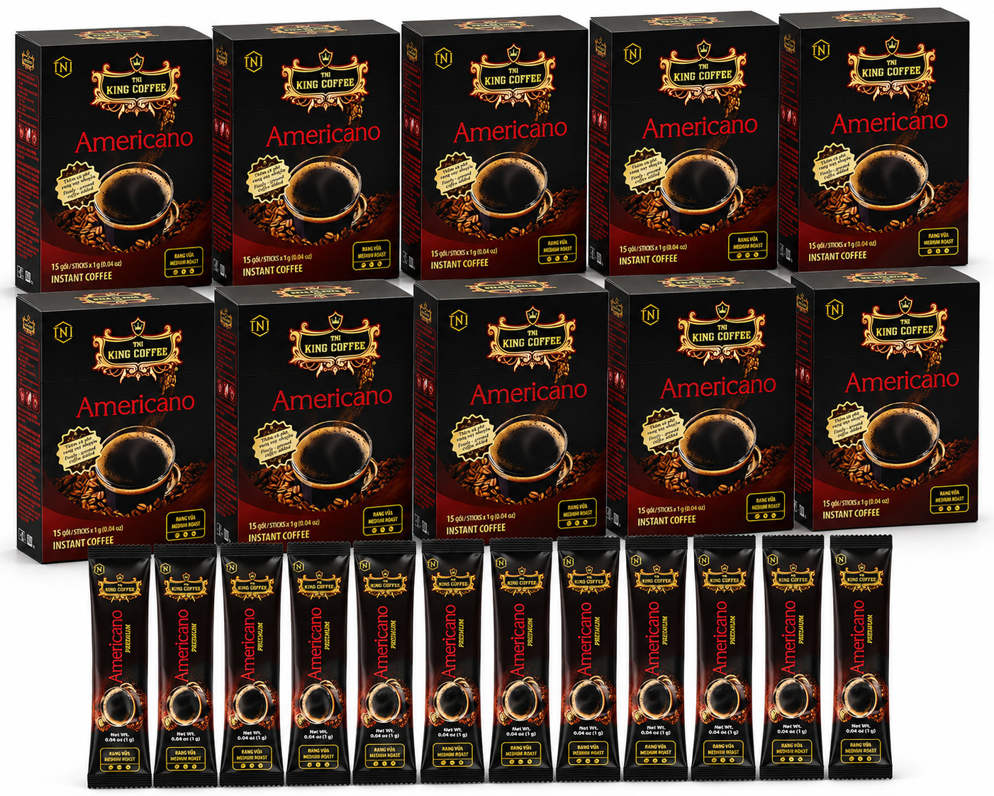 TNI King Coffee Americano Instant Coffee 15 Sticks x 1g Medium Roast ( 10 Boxes)