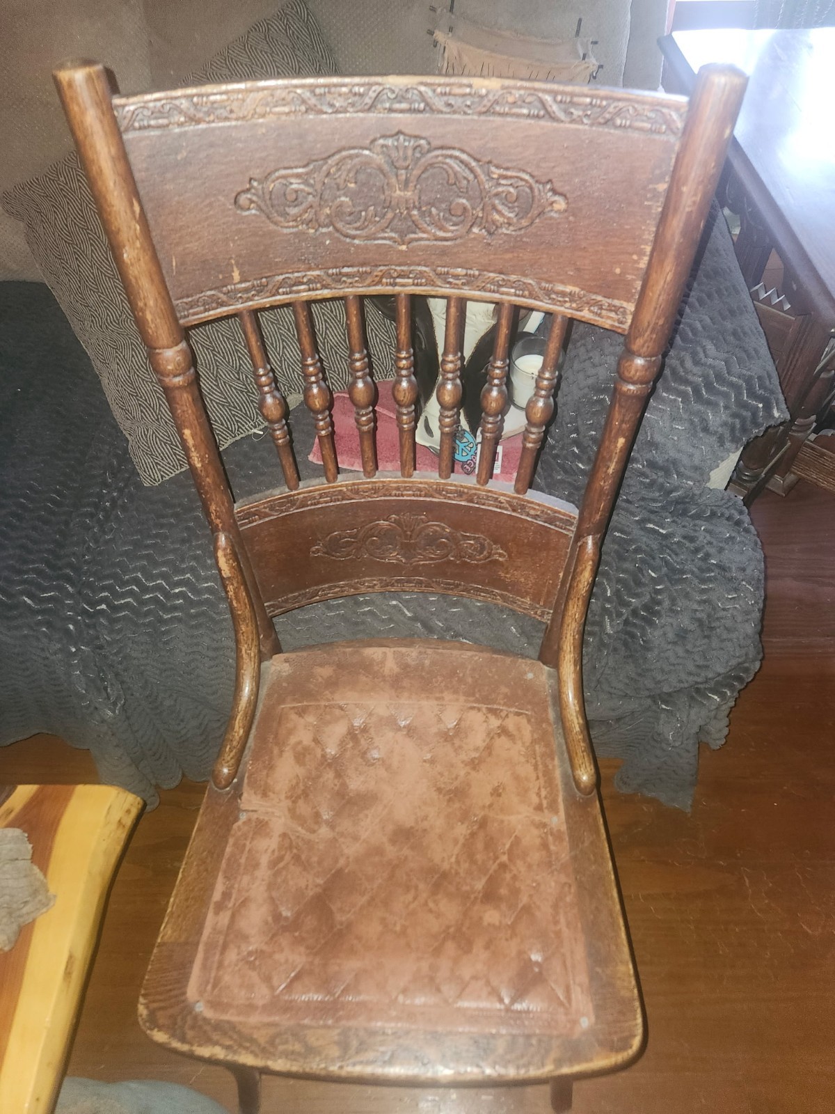 Antique Brown Wooden Dining Chair with Carved Details, Rectangle Shape