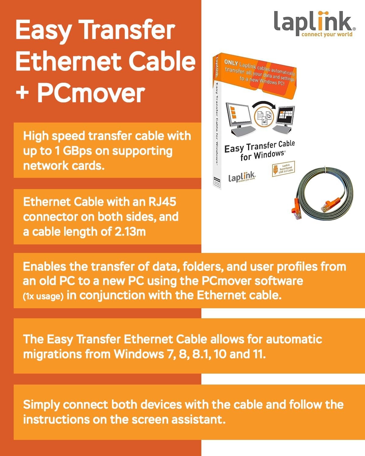 "Laplink Easy Transfer Cable for Windows, Includes Pcmover Express Software and