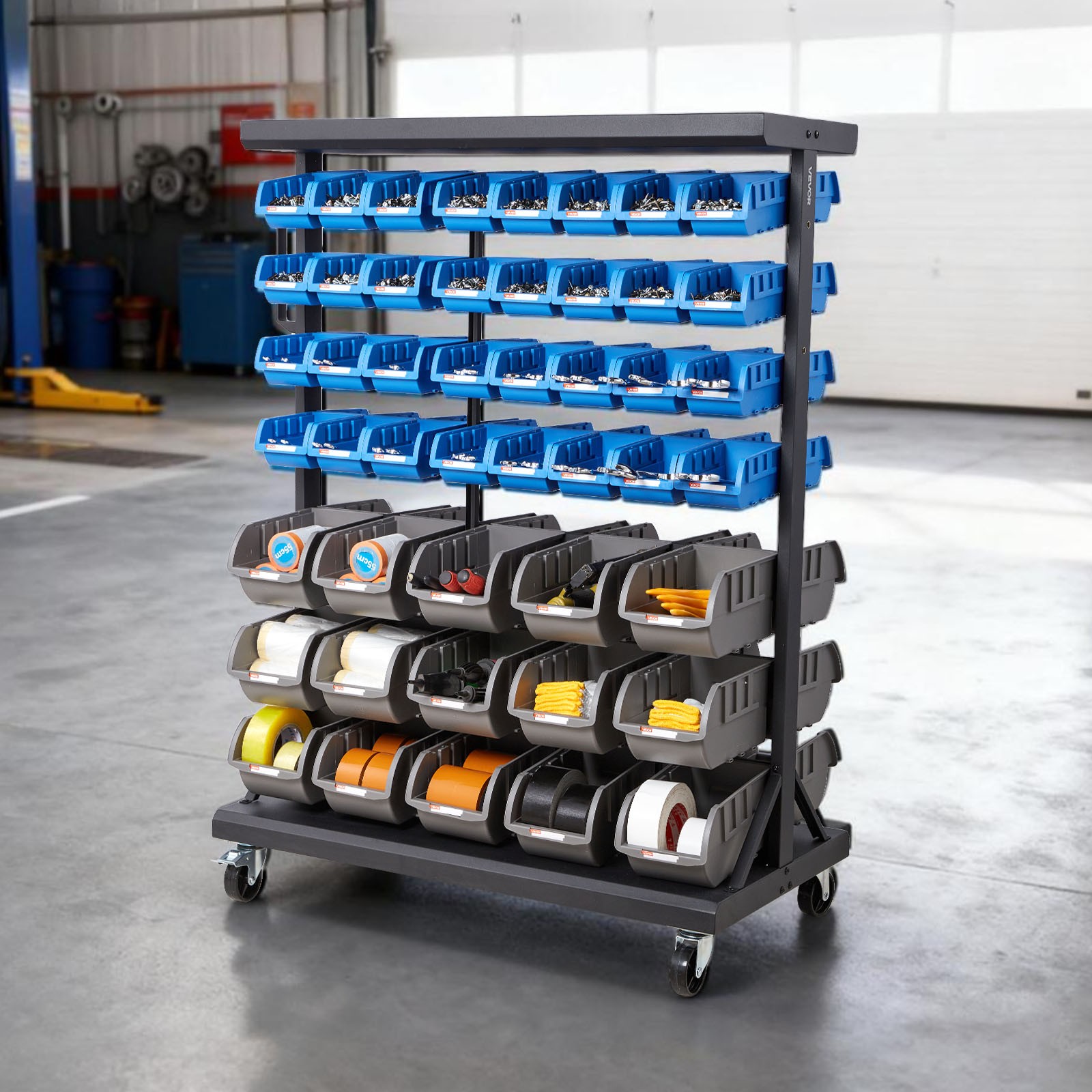 VEVOR Double-Sided Rolling Bin Rack 7-Tier Bin Rack Storage System with 94 Bins
