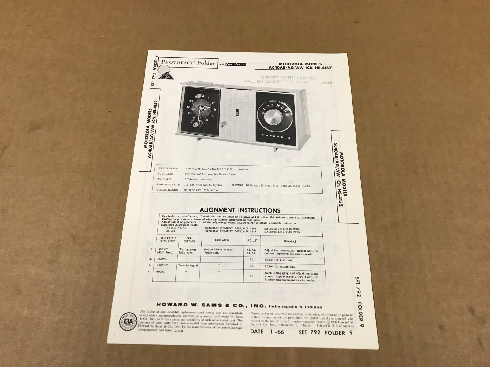 Vintage Photofact Folder - 792-9 - Motorola 5-Tube AM Receiver- Models AC40AB/AG