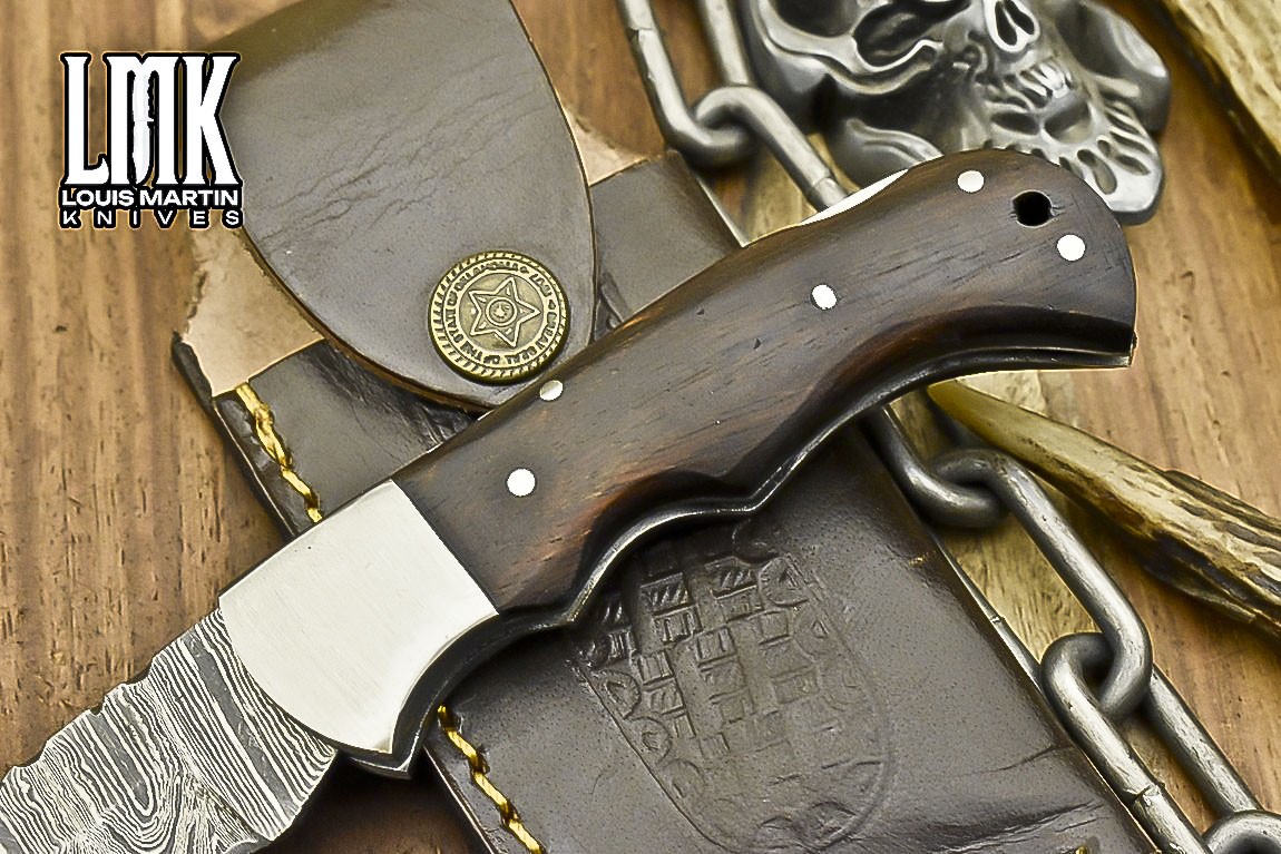 LMK Handmade Twist Damascus Folding Knife Walnut Wood Back Lock EDC