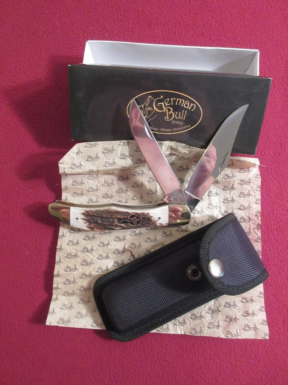 GERMAN BULL KNIVES 5 1/4" STAG "  HANDLES  STAINLESS STEEL BLADES BLK NYLON SH