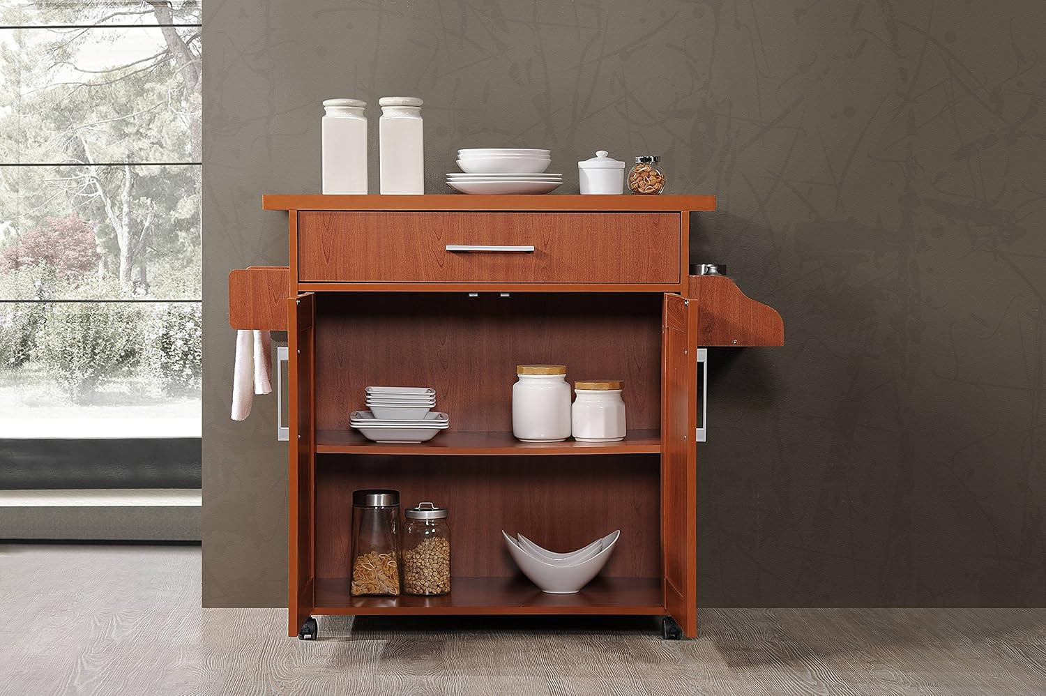 Kitchen Island with Spice Rack, Towel Rack & Drawer, Cherry