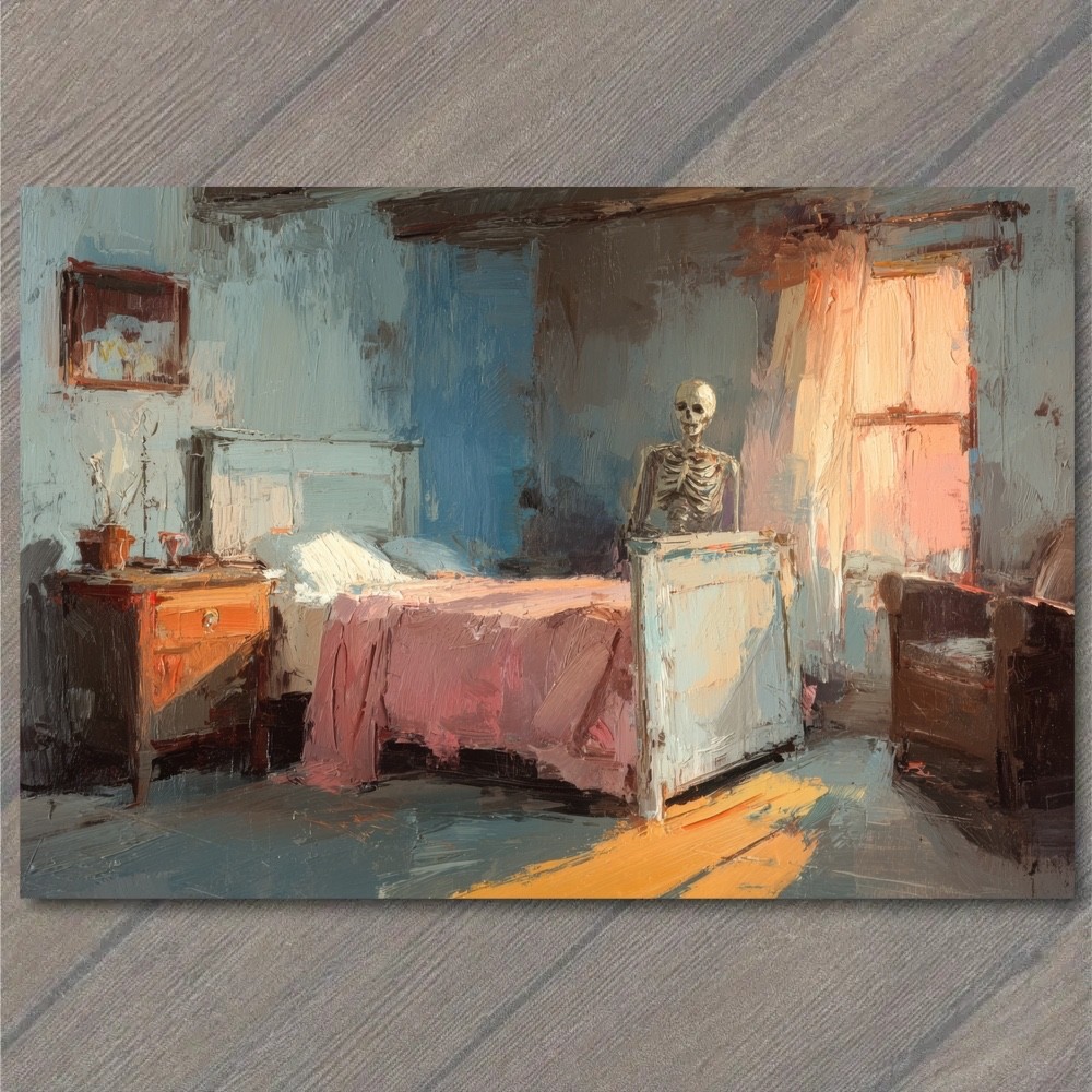 POSTCARD Skeleton Bedroom Bed Pink Quilt Sunlight Window Curtains Spooky Gothic