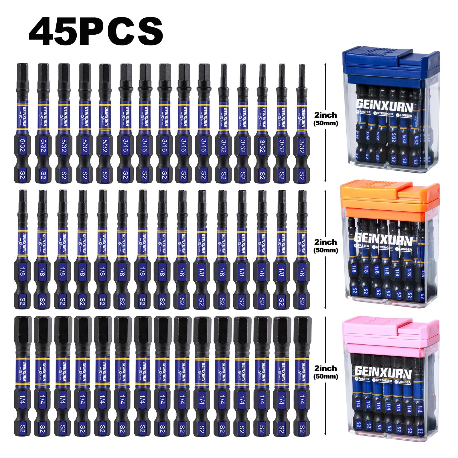 Geinxurn Impact Hex Screwdriver Bits Set,45 Pcs 2" Magnetic 2''-45PCS, Hex-s