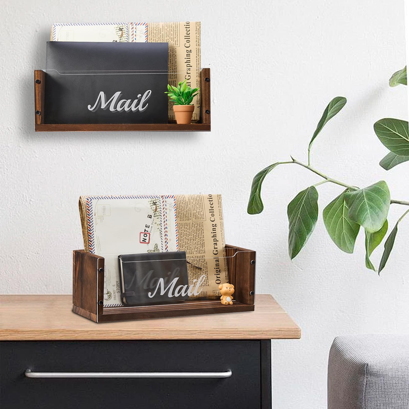 Clear Acrylic Divider 2 Slot Mail Holder Solid Wood Desktop Organizer