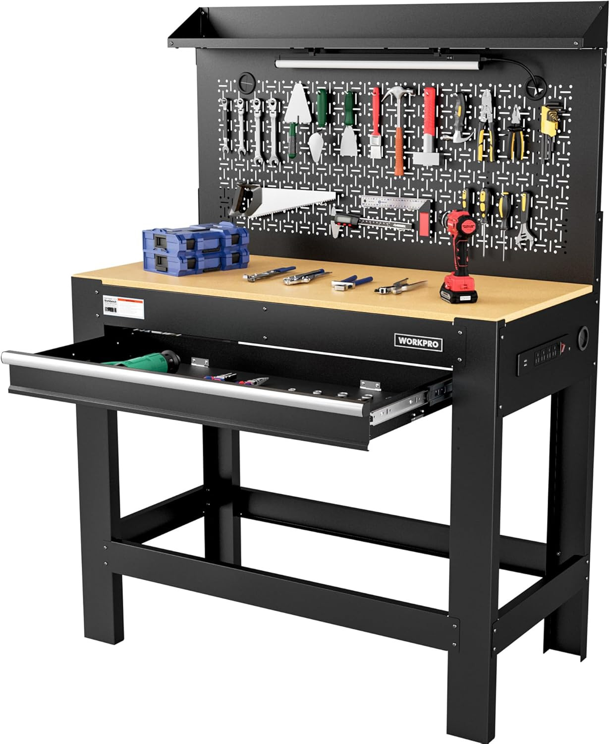 WORKPRO Garage Workbench with Storage, 45" Workbench with Pegboard, Power Outlet