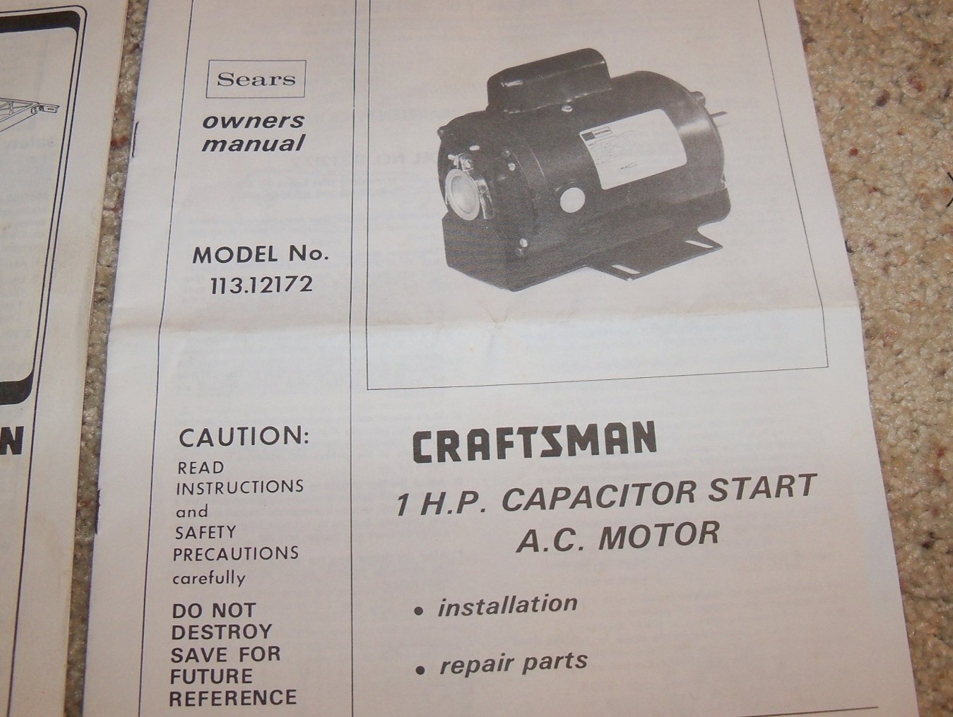 Craftsman 113 Table Saw Owner's Operator's Manual 113.298751, 113.12172 Motor