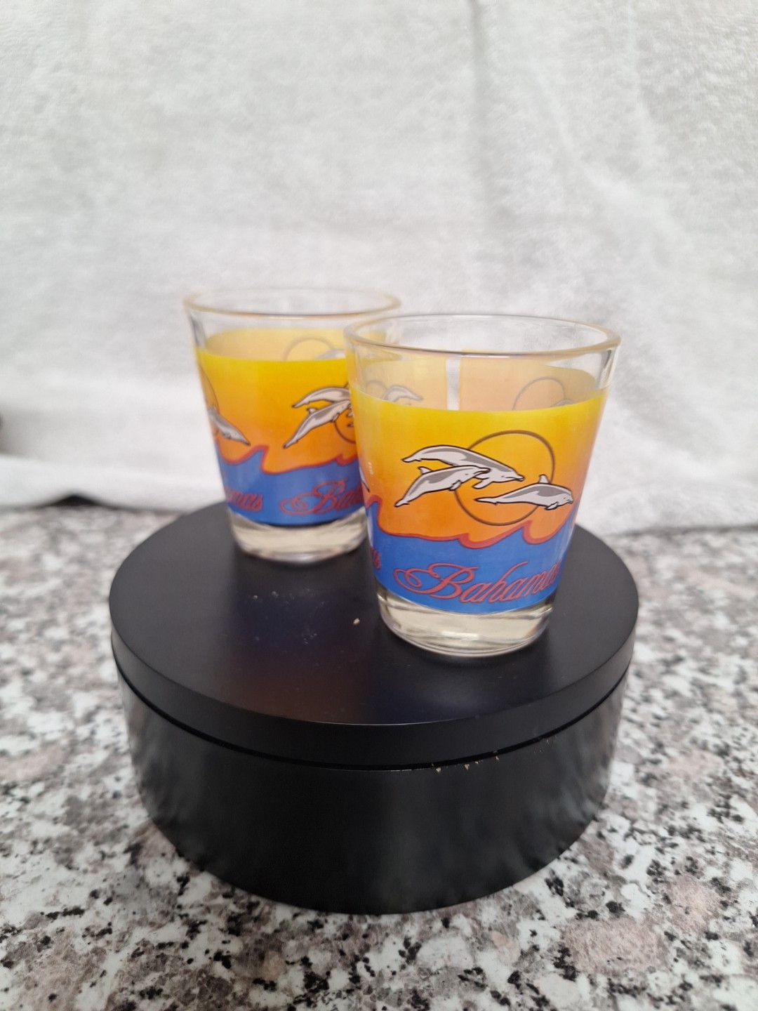 (2) Bahamas Shot Glasses Wih Dolphins And Waves