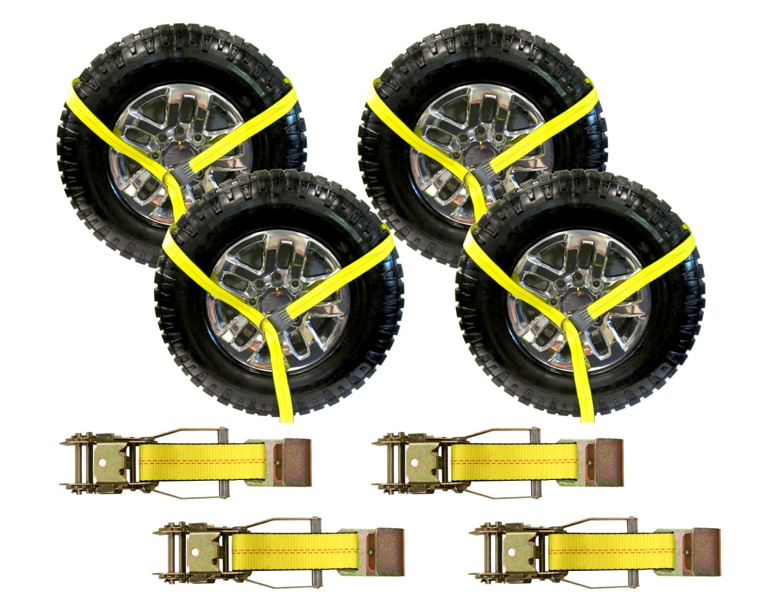 Reinforced Tie Down Lasso Strap 2" x 8 FT with Rail Hook Ratchet Kit (4 Pack)