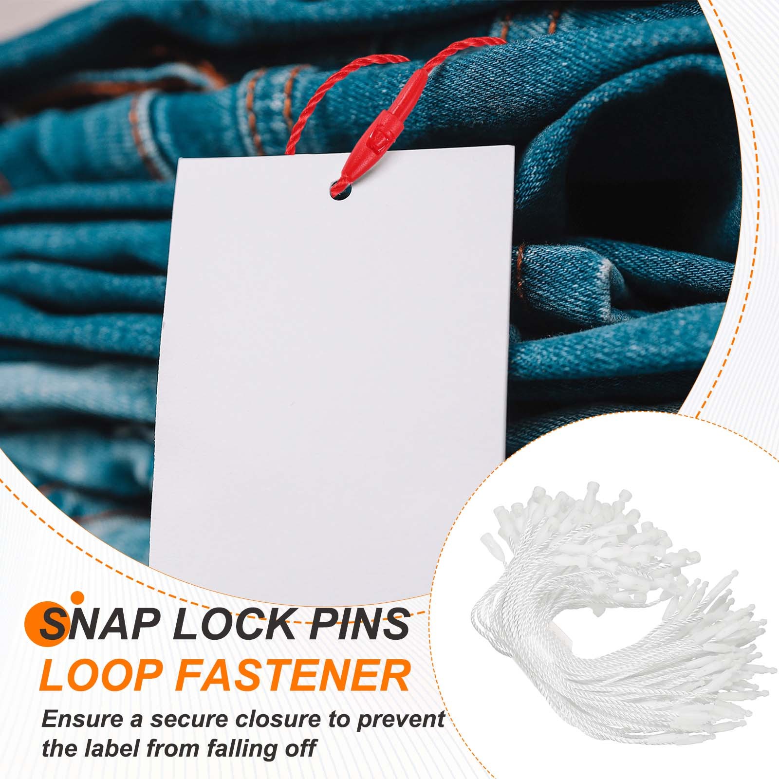 500 Pcs Polyester Hang Tag String 5" Snap Lock Pins Loop Fastener, White