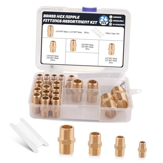 24Pcs Brass Pipe Fittings,1/8" x 1/8",1/4" x 1/4",3/8" x 3/8",1/2" Hex Nipple
