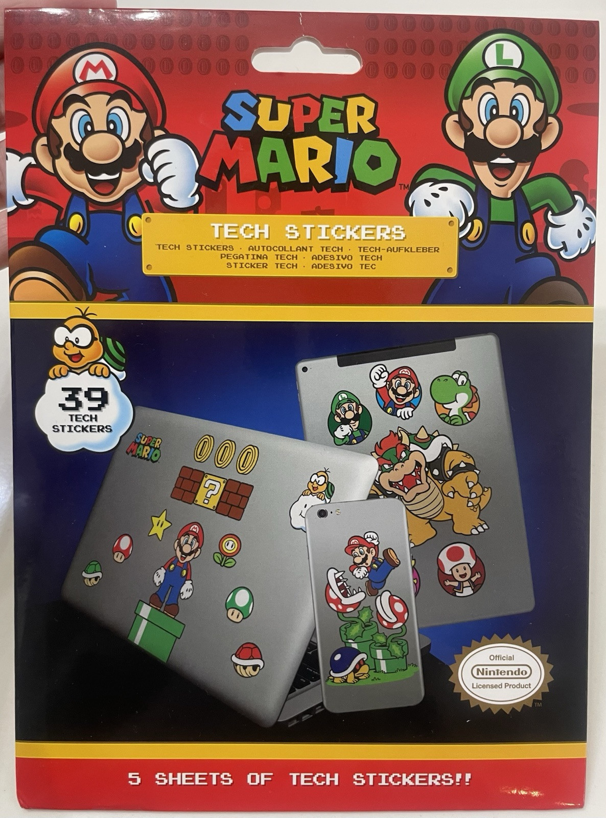 Super Mario Tech Stickers 5 Sheets of 39 2018 Nintendo Licensed New Sealed