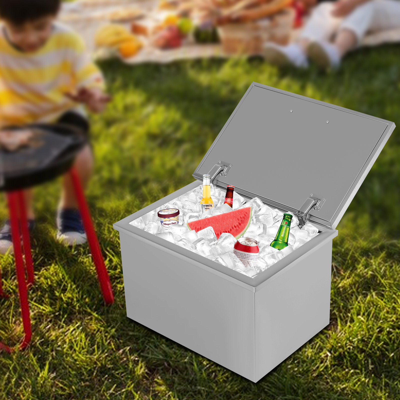 30L Drop In Ice Chest Bin Ice Chest Cooler 304 Stainless W/ Lid &Drain 20x14x13"