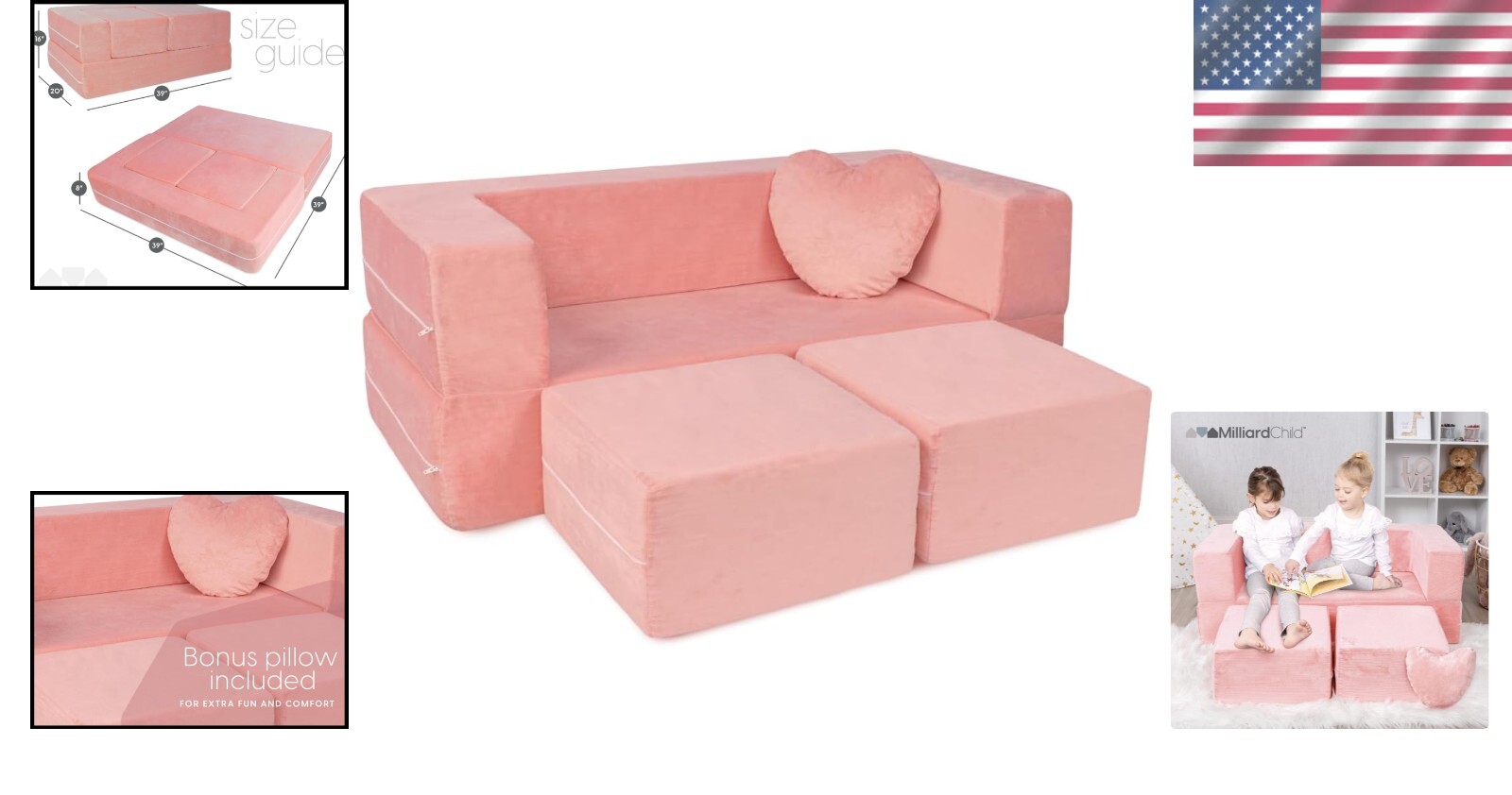 Charming Pink Kids Modular Sofa - Perfect Playroom Furniture with Bonus Pillow
