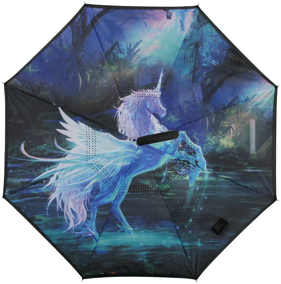 C-Handle Inverted Reverse Umbrella, Unicorn print (Inside-out, Upside-down)