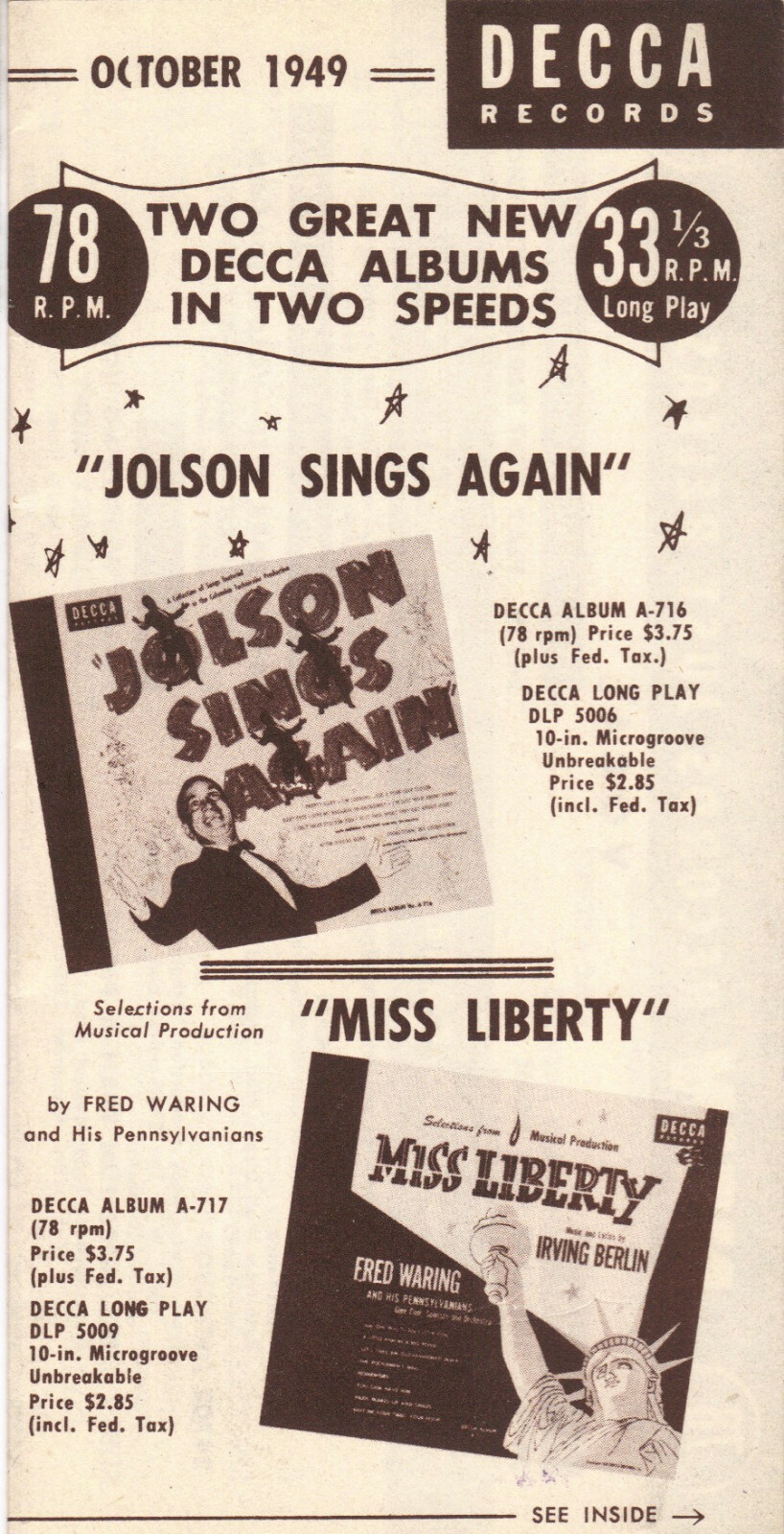 Decca Records Catalogue October 1949 Al Jolson