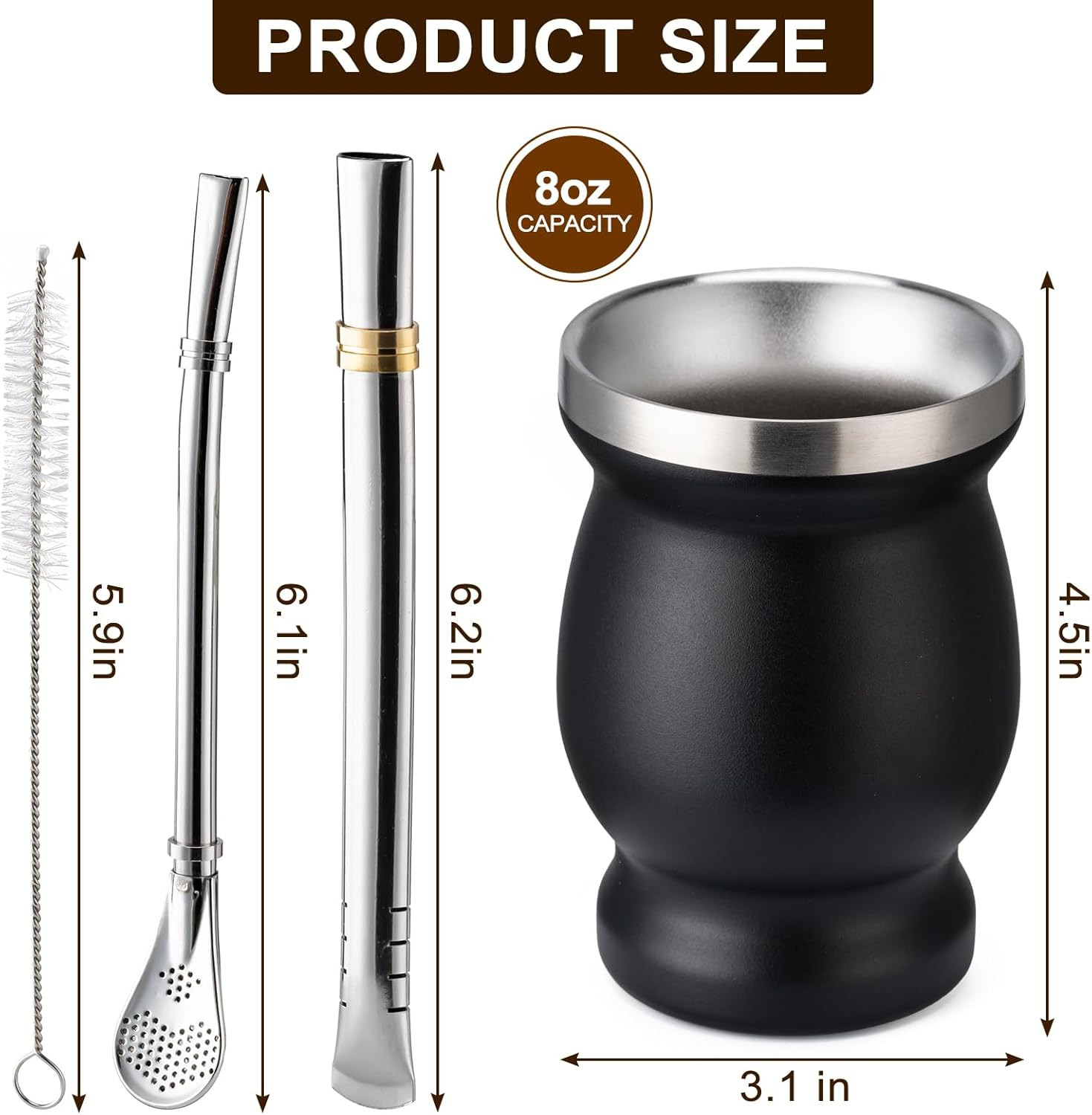 Yerba Mate Cup Set Stainless Steel Double Wall Gourd with 2 Bombillas Black 8oz