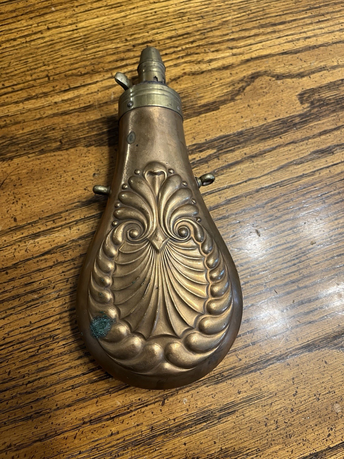 Antique 1800s Civil War Era Copper/Brass Black Powder Flask Decorative design