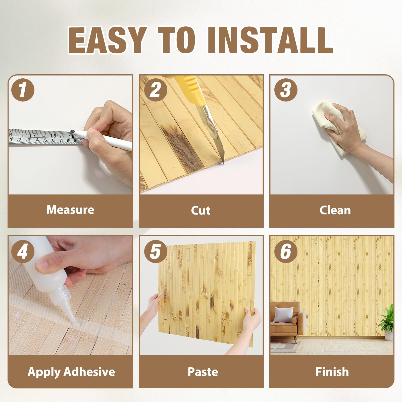 EYAYEN Natural Bamboo Wall Panel Wainscoting Interior Wall Decor 48"x96"