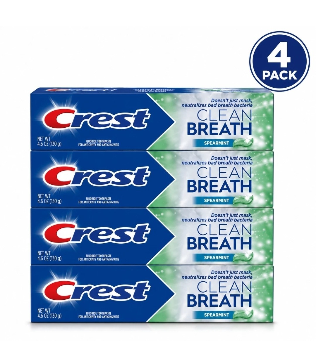 4 Pack Crest Clean Breath Fluoride Toothpaste Spearmint Anti-Cavity Exp: 10/28