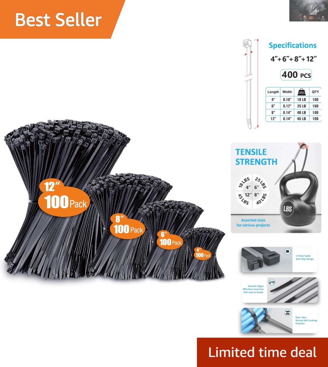 Multi-Purpose Nylon Zip Ties 400 Pack - Assorted Sizes 4”-12” with High Strength