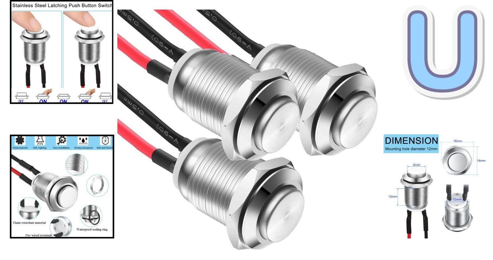 3 Pcs Latching Waterproof Push Button Switch, 12mm & Self-Locking Switches
