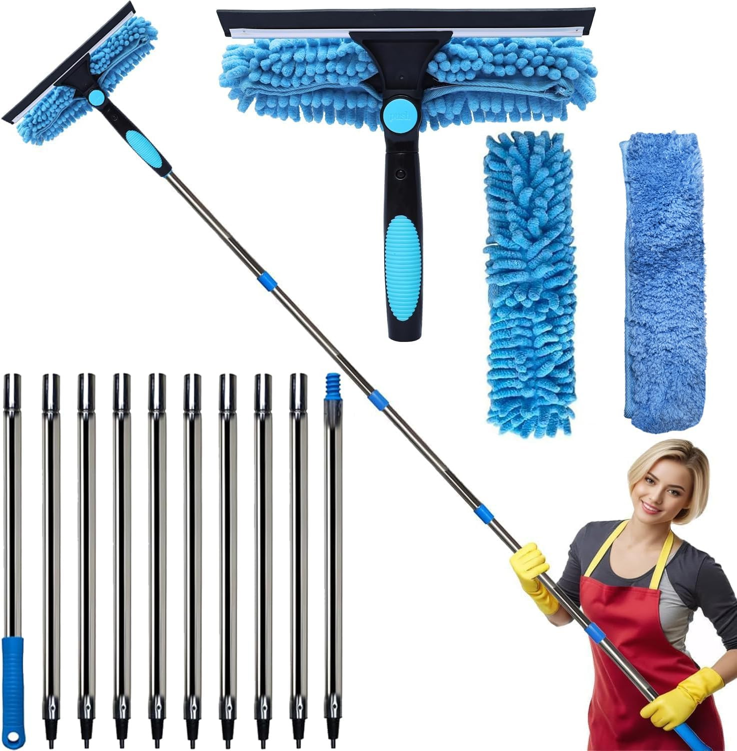 20+ Feet Reach Blue 2 in 1 Window Washing Squeegee & Duster with 3-14 Ft Splicea