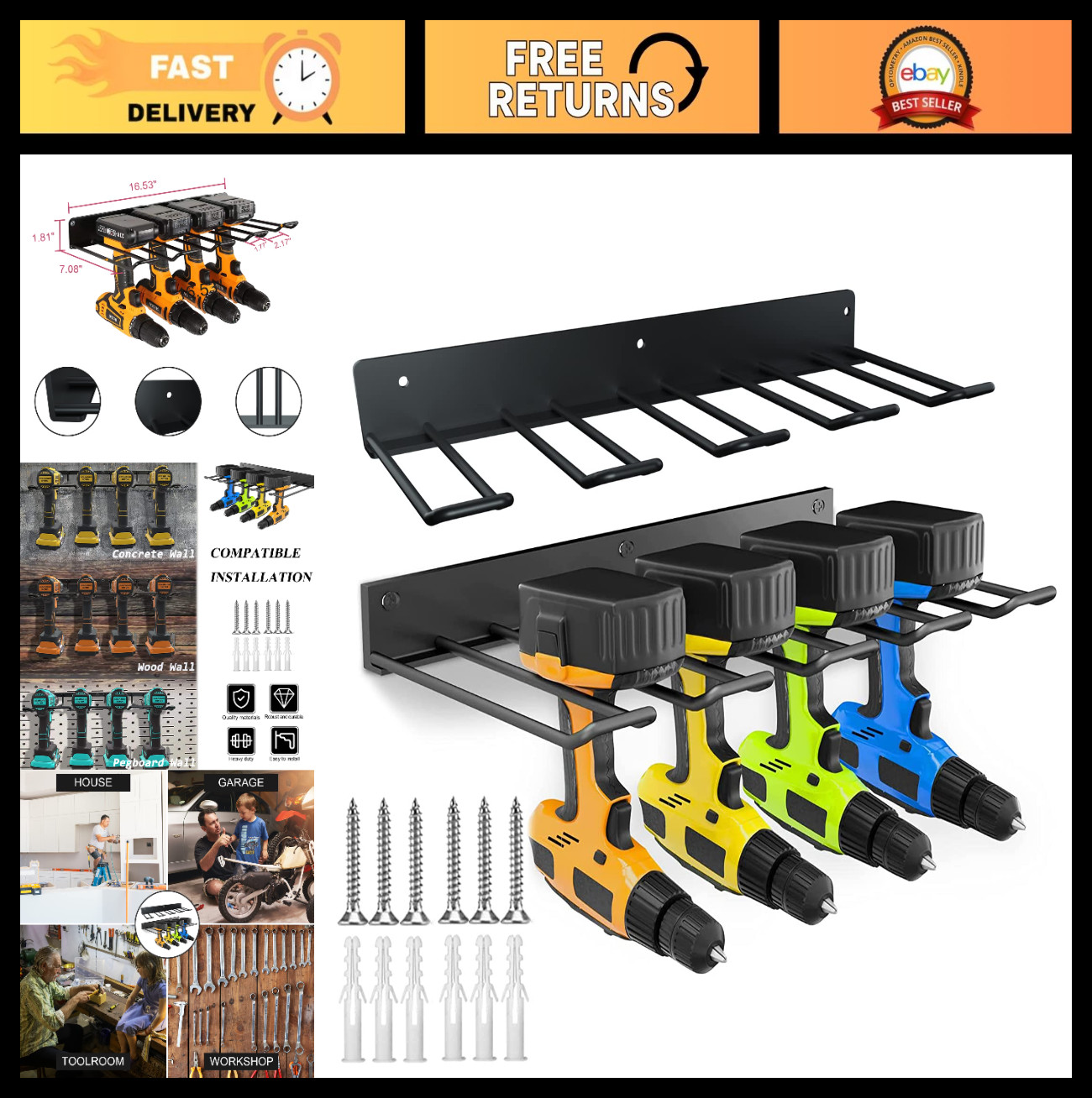 Power Tool Organizer 2PCS Wall Mount Rack for Handheld & Power Tools, Metal Stor