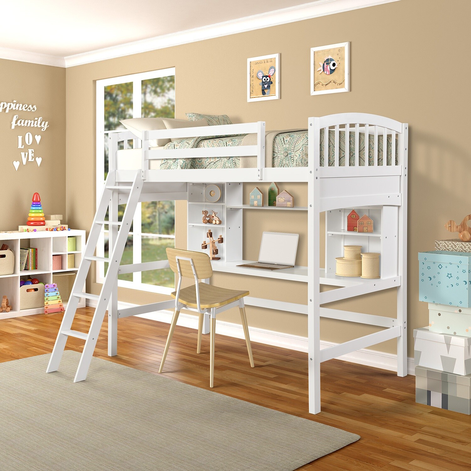 Twin Size Loft Bed Frame Wood Bed Frame with Desk & Shelves & Ladder White/Gray