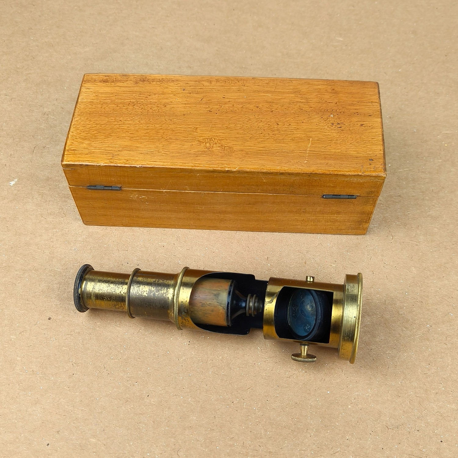 Antique Compact Brass Microscope with Original Case. Early Scientific Instrument