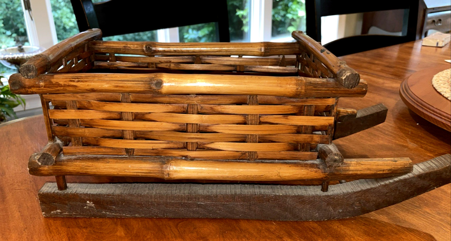 Vintage Bamboo Sleigh Christmas Basket Large Woven Sled Centerpiece Holiday VGC