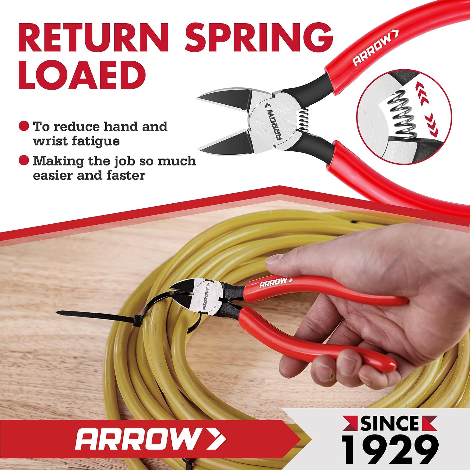ARROW 7" Precision Wire Cutters, Precision Flush Cut Diagonal Pliers | Spring Lo