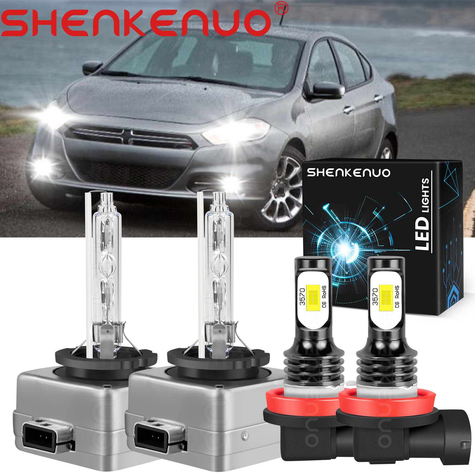 D3S Xenon HID Headlight+H11 LED Fog Light 4x Bulbs For Dodge Dart 2013 2014 2015