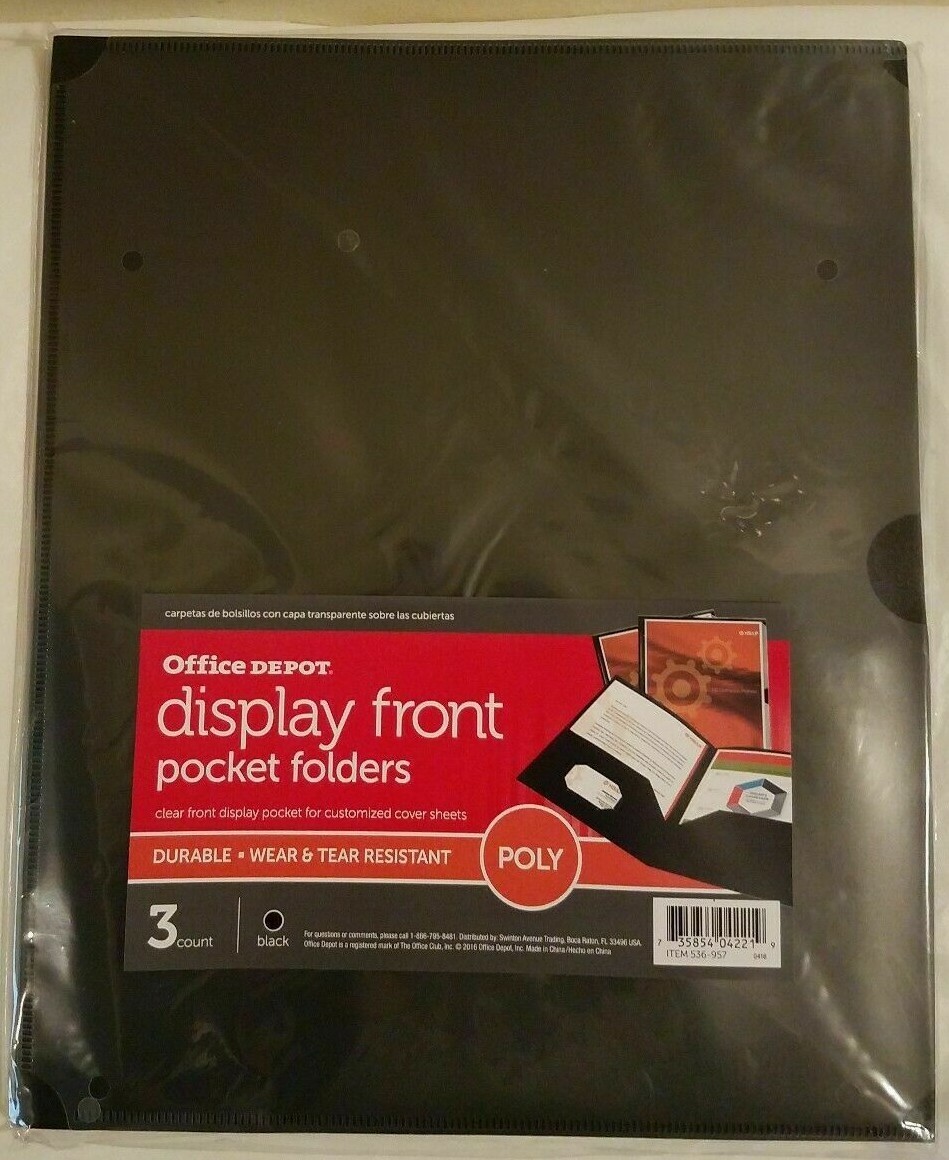 Brand New Quality Office Depot Display Front Pocket Folders Black 3 Count