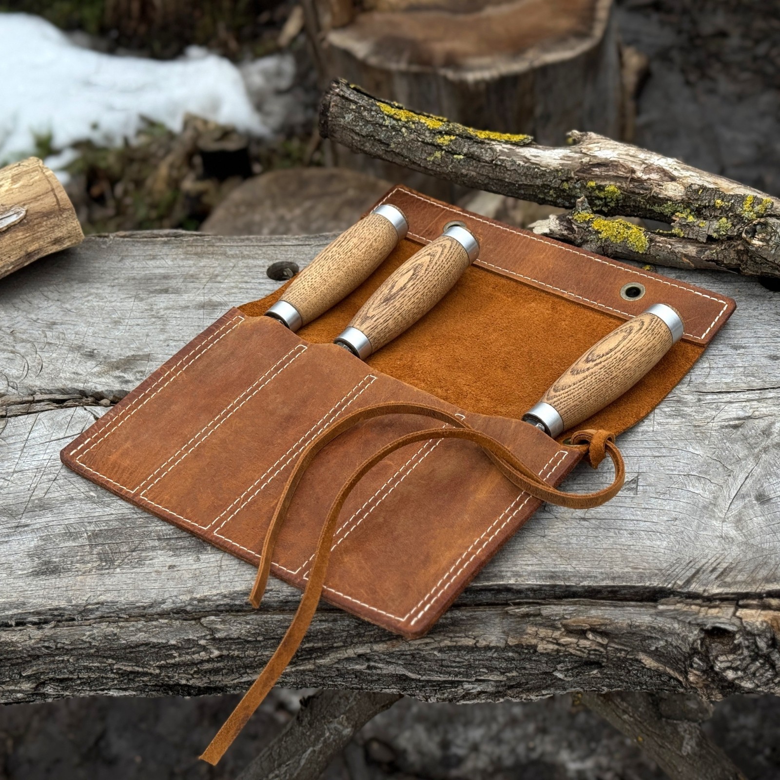 Leather Chisel Case 4 Pockets 12in Tool Roll for Woodworking Tools Storage Bag