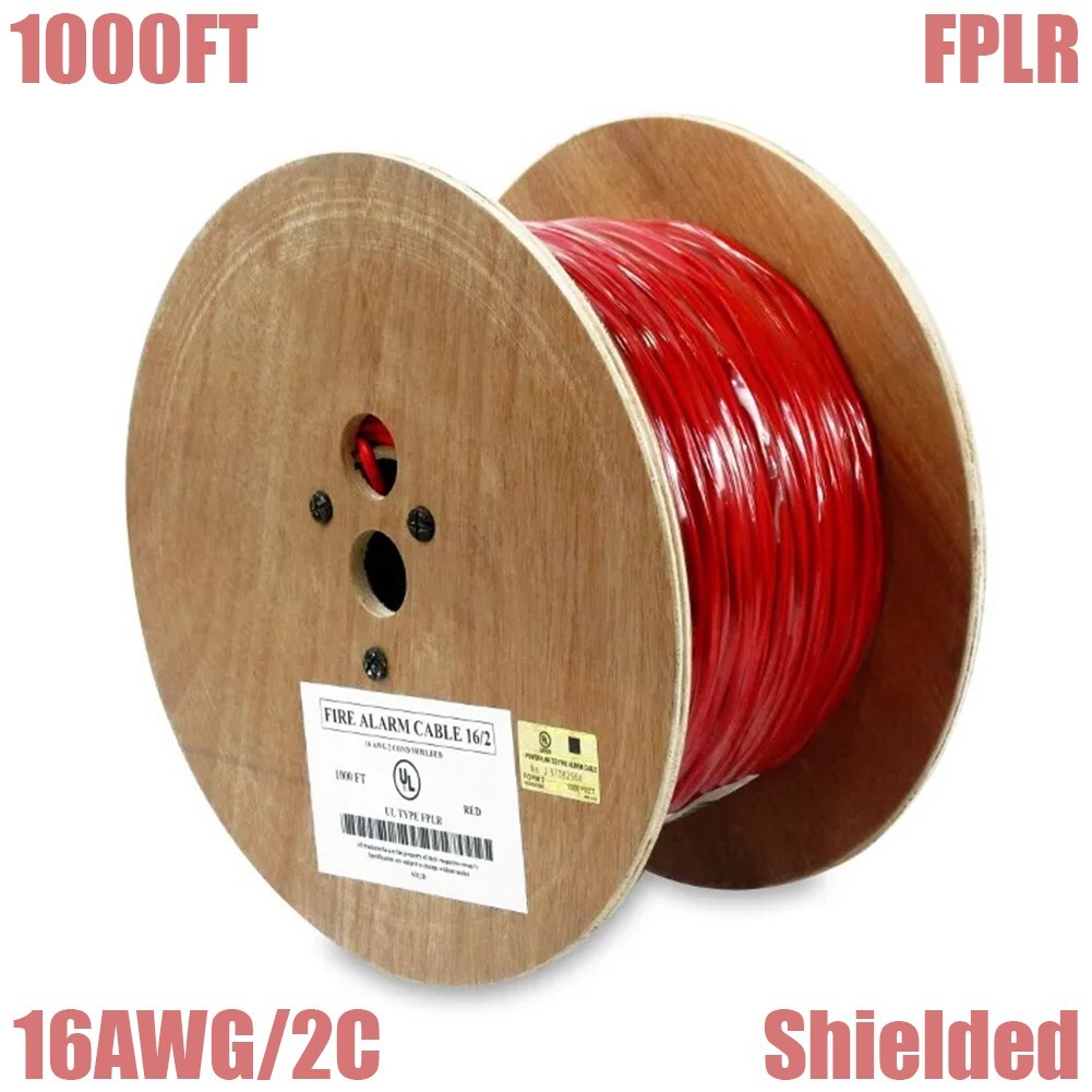 1000FT 16AWG/2C Shielded Fire Alarm Cable Solid Bare Copper Wire FPLR Cord Red
