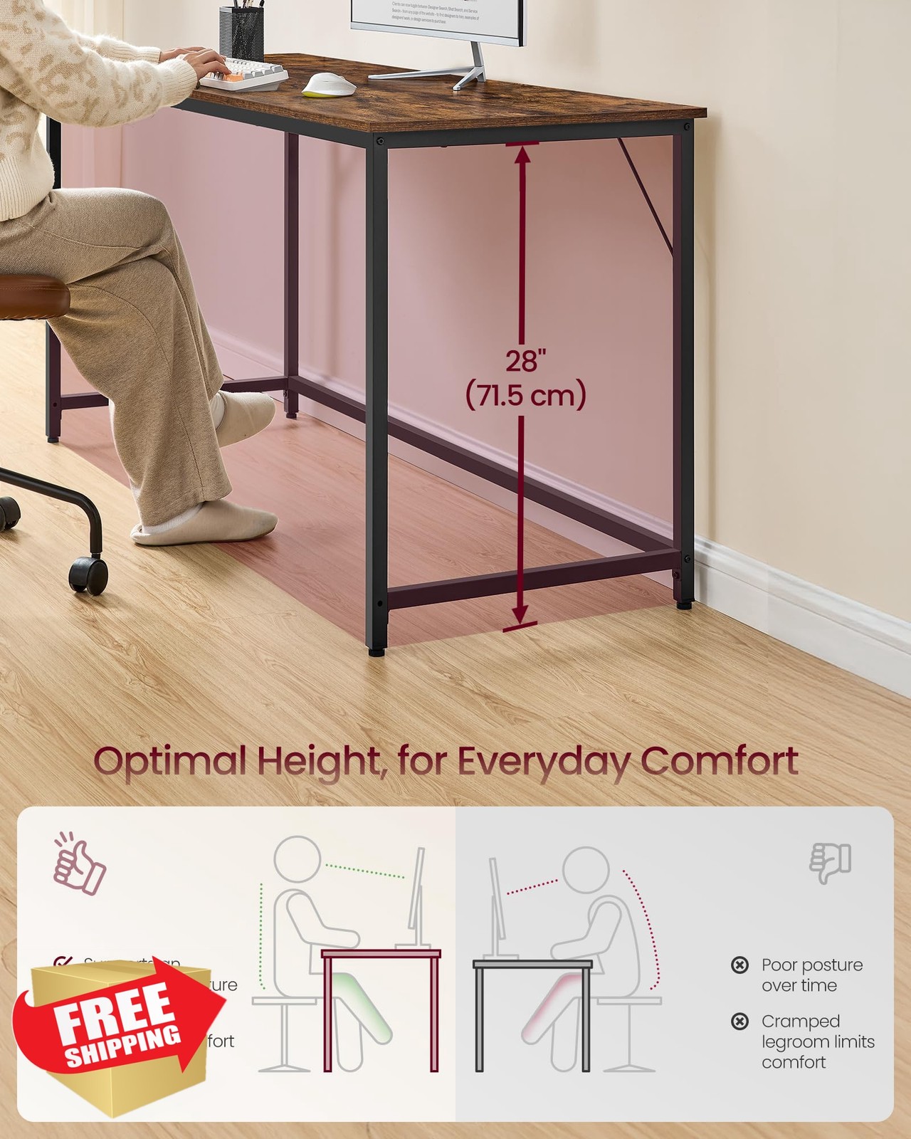 VASAGLE 63" Rustic Brown/Black Computer Desk