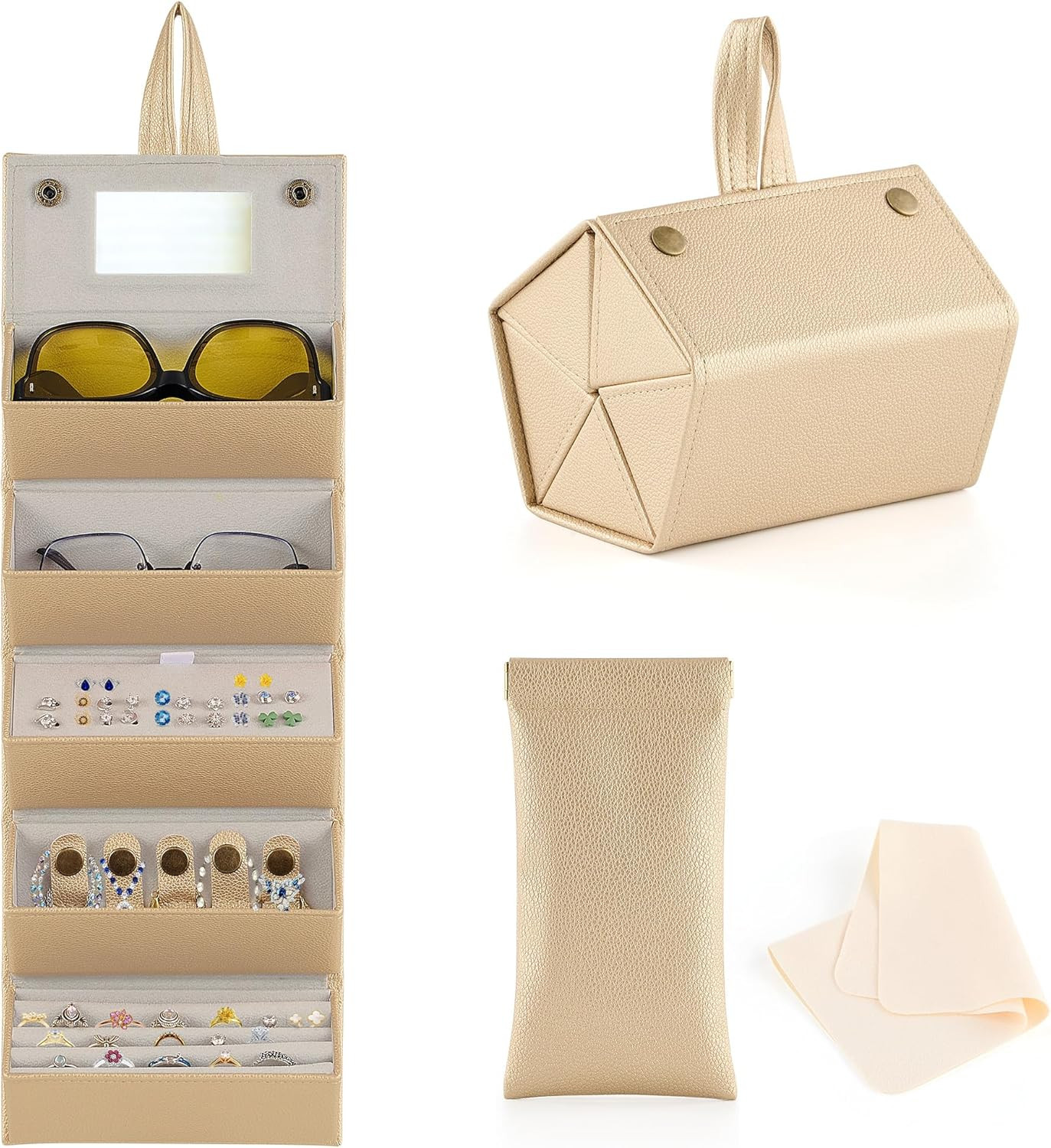 5-Slot Sunglasses Organizer, Folding Glasses Jewelry Storage Case with Mirror, T