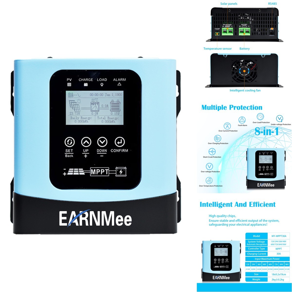 EARNMee 30A MPPT Solar Charge Controller,12V 24V 36V 48V 60V 72V 84V 96V Solar