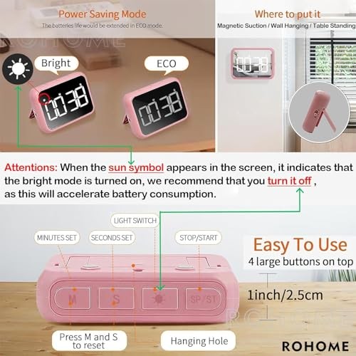 Digital Large Display Visual Timer Stopwatch for Kitchen Teacher School Pink