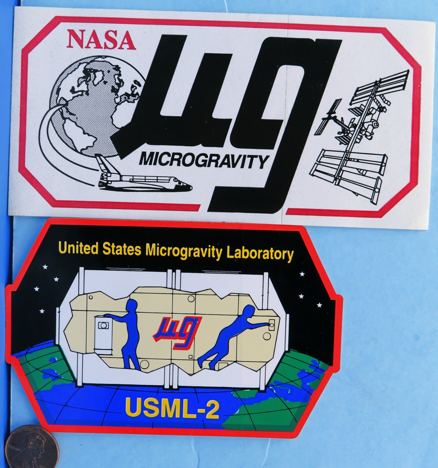 NASA STICKER Pair vtg US Microgravity Laboratory USML-2 Ug Satellite