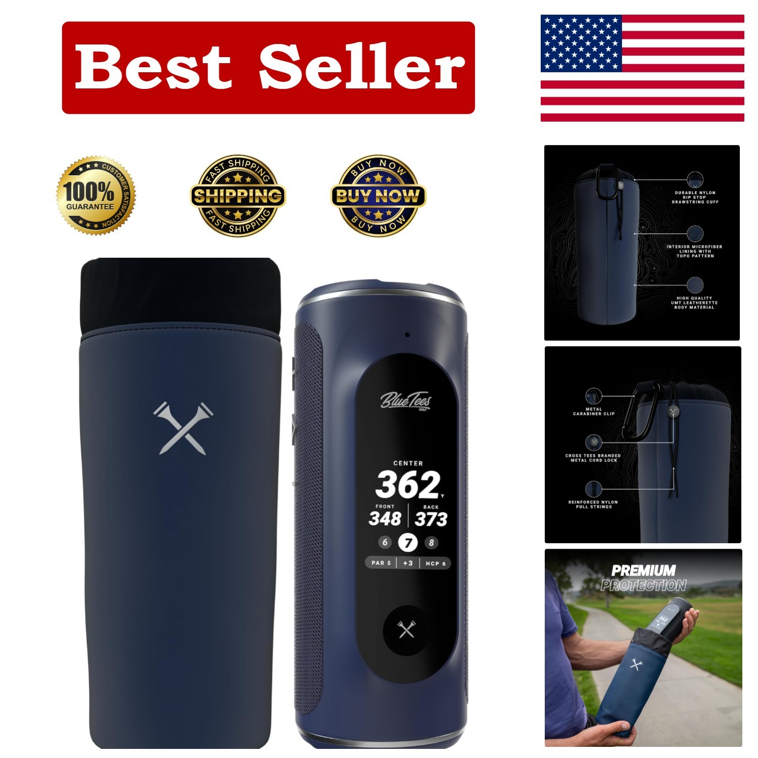 Golf GPS Case for Player+ Speaker - Hard Carrying Case with Carabiner Clip (Navy