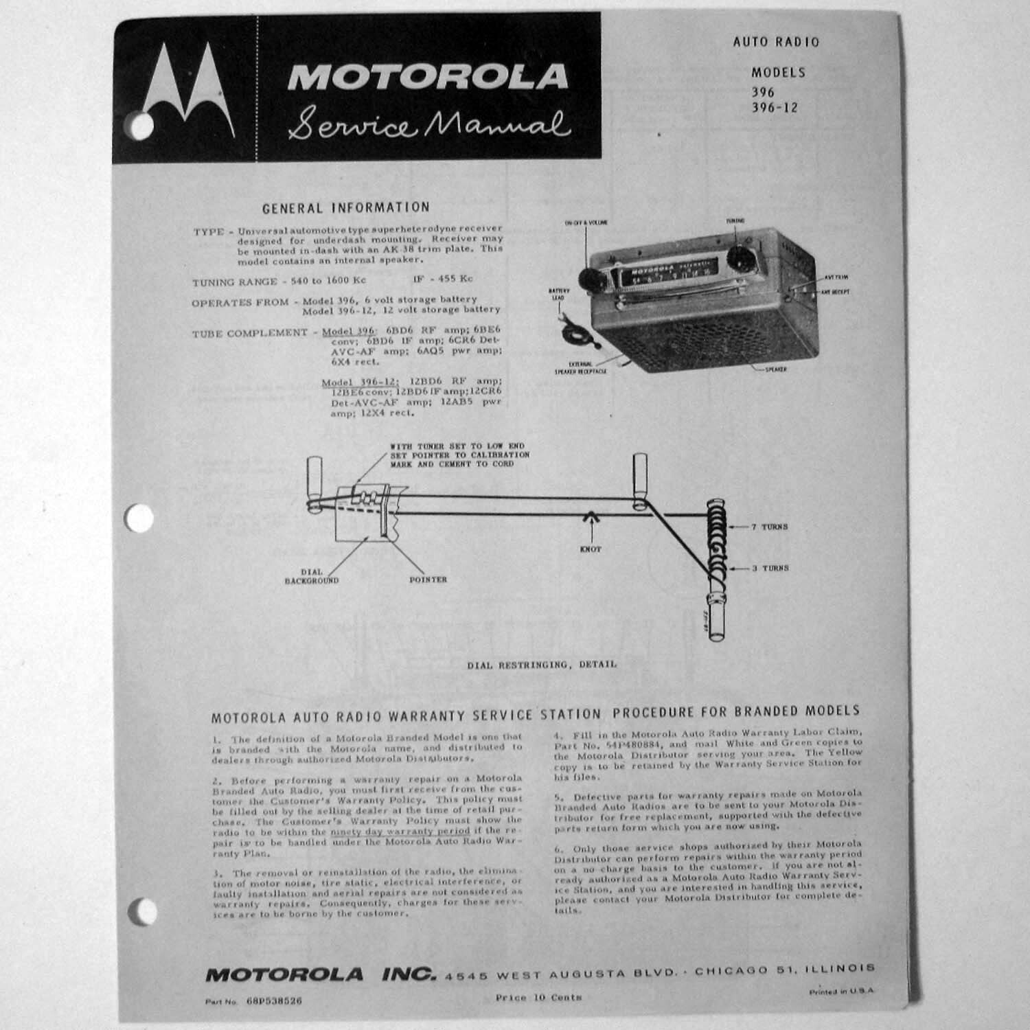 Motorola ® Models 396 396-T Universal Auto Radio Service Manual © 1950s