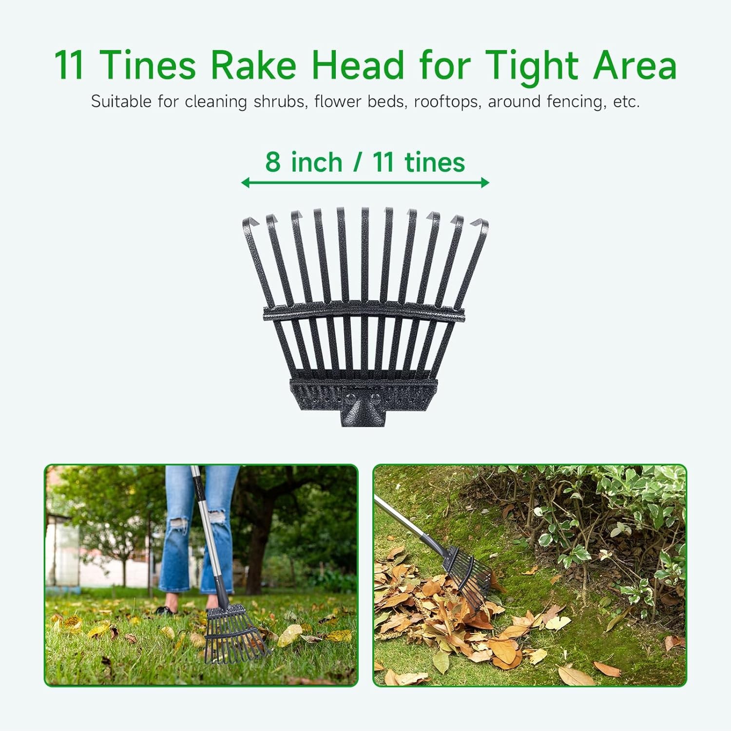 Adjustable Leaf Rake 8" Metal Garden Rake 29"-72" Extendable Handle