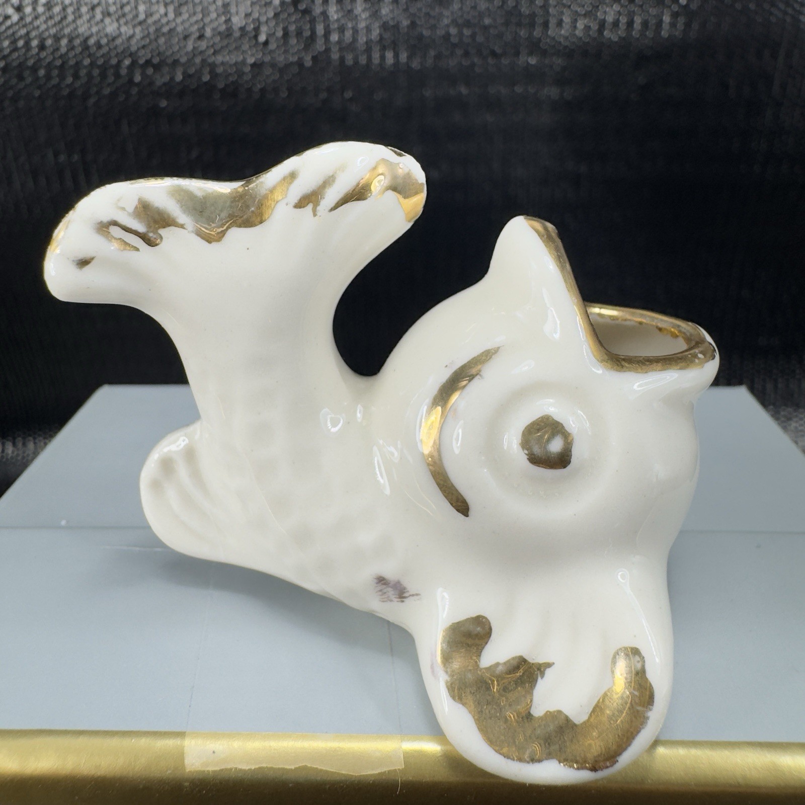 Vintage Koi Fish Toothpick Holder Ceramic Ivory Glaze Small Decorative Figurine